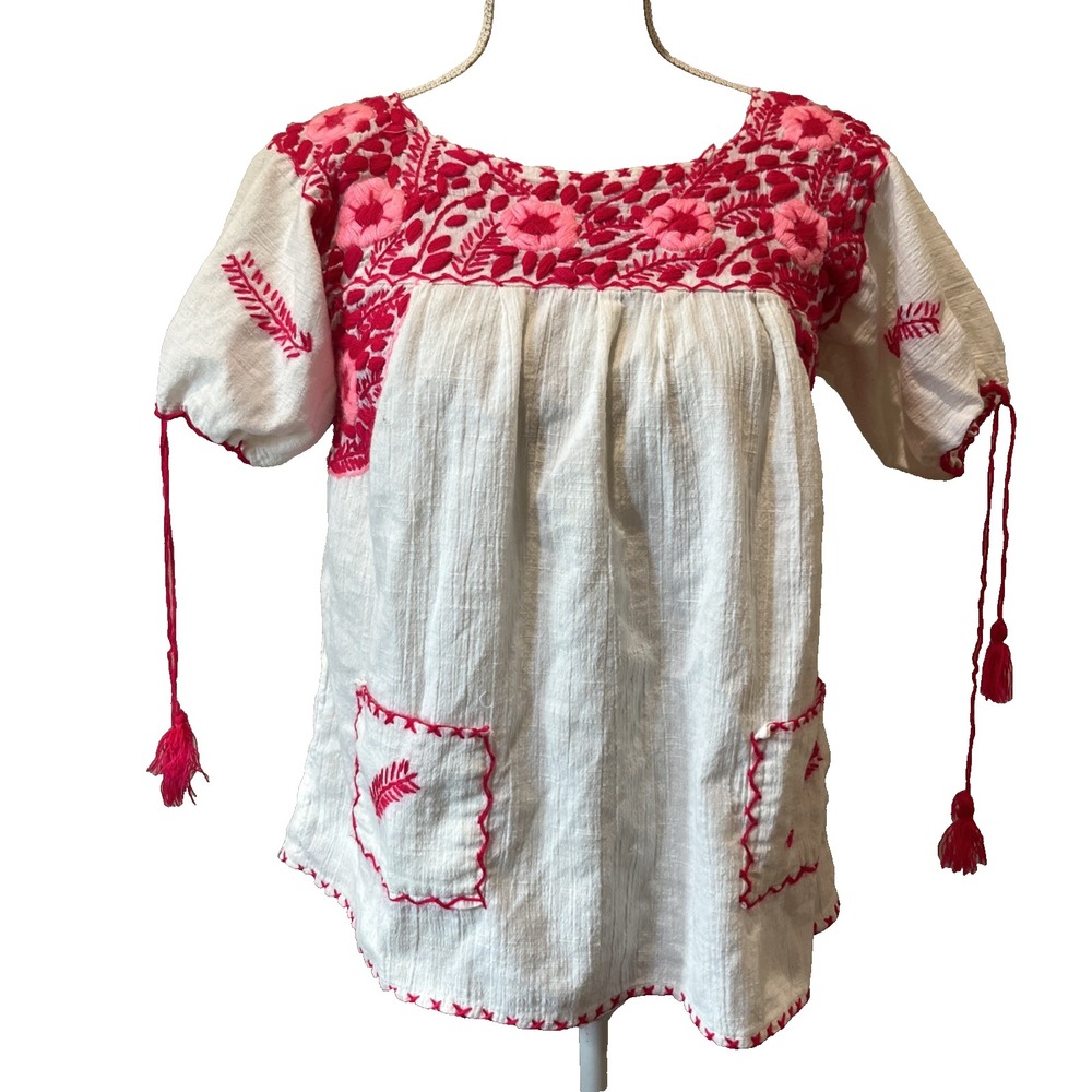 Vintage Hand-Embroidered Girls XL Linen Shirt Hispanic Gauzy Pockets Pink White - Picture 1 of 7